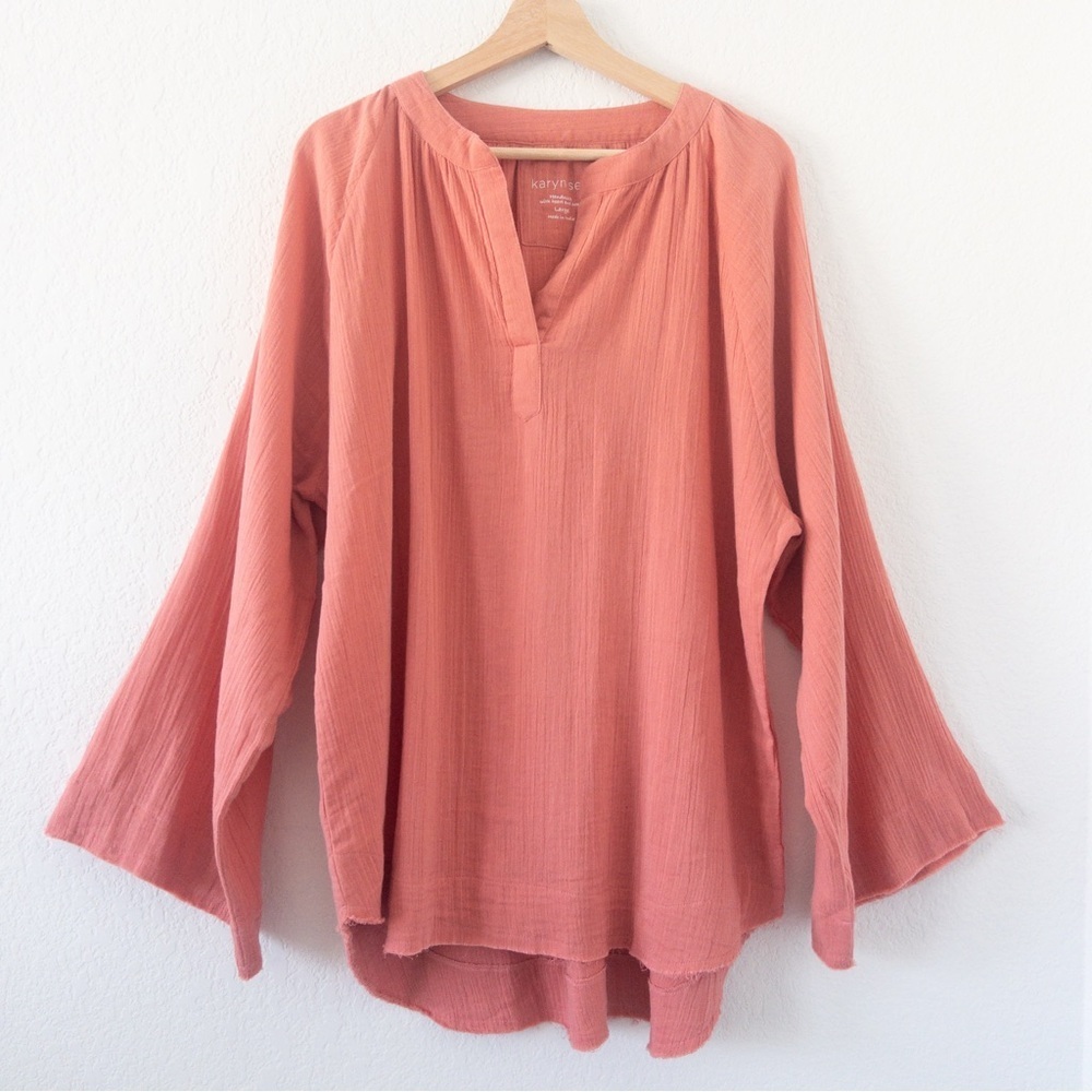Karyn Seo Coral Pink Cotton Boho Oversized Tunic Top Size Large‎